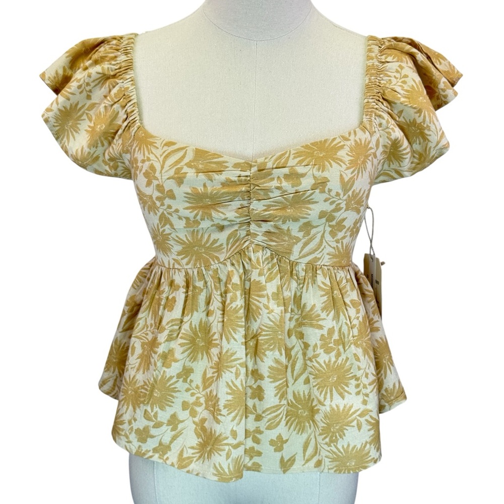 Midnight Sky Floral Puff Sleeve Smocked Peplum Top Tan Small NWT